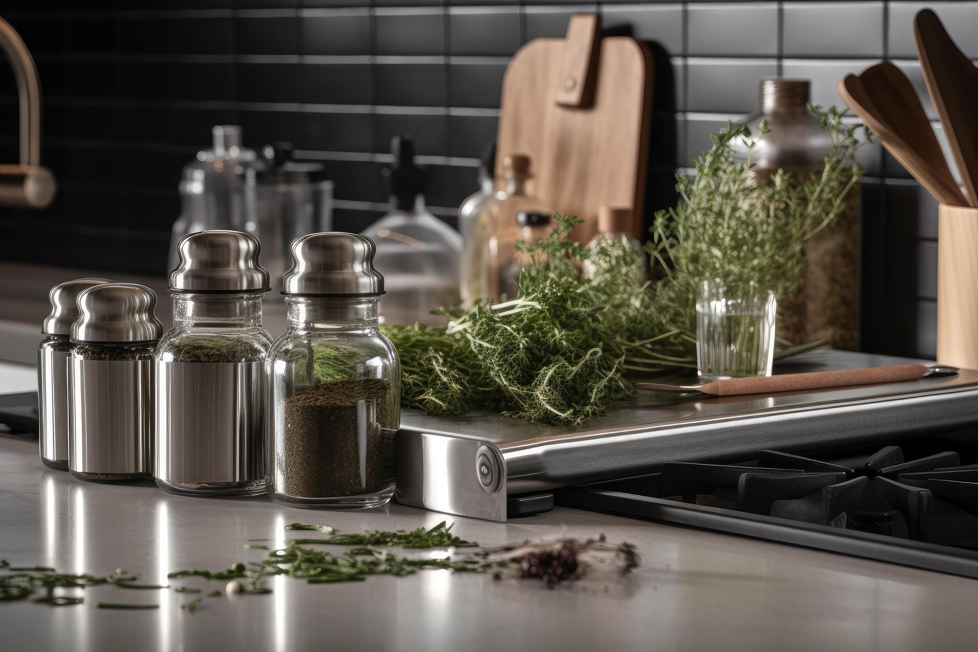 Studio workspace with metallic prep counters and herbs